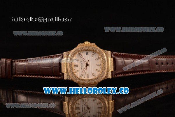 Patek Philippe Nautilus Miyota 9015 Automatic Yellow Gold Case Diamond Bezel with White Dial and Brown Leather Strap - Click Image to Close
